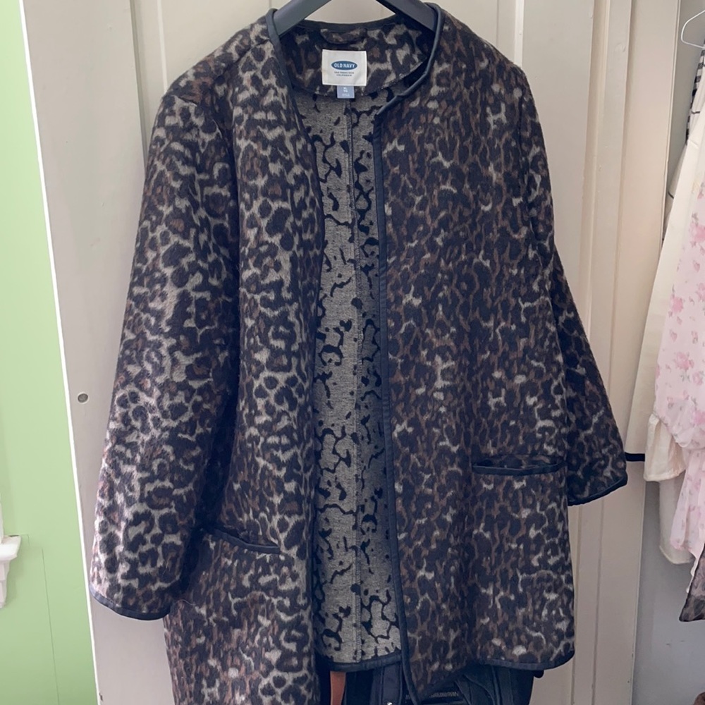 Leopard jacket with faux leather trim